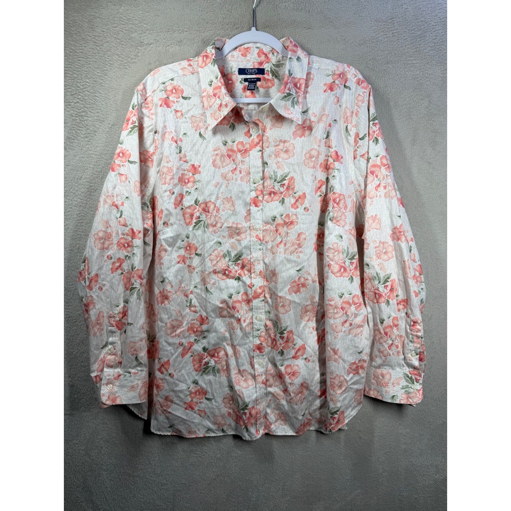 Chaps Button Down Women 2X Pink Floral No Iron Easy Care Long Sleeve Top